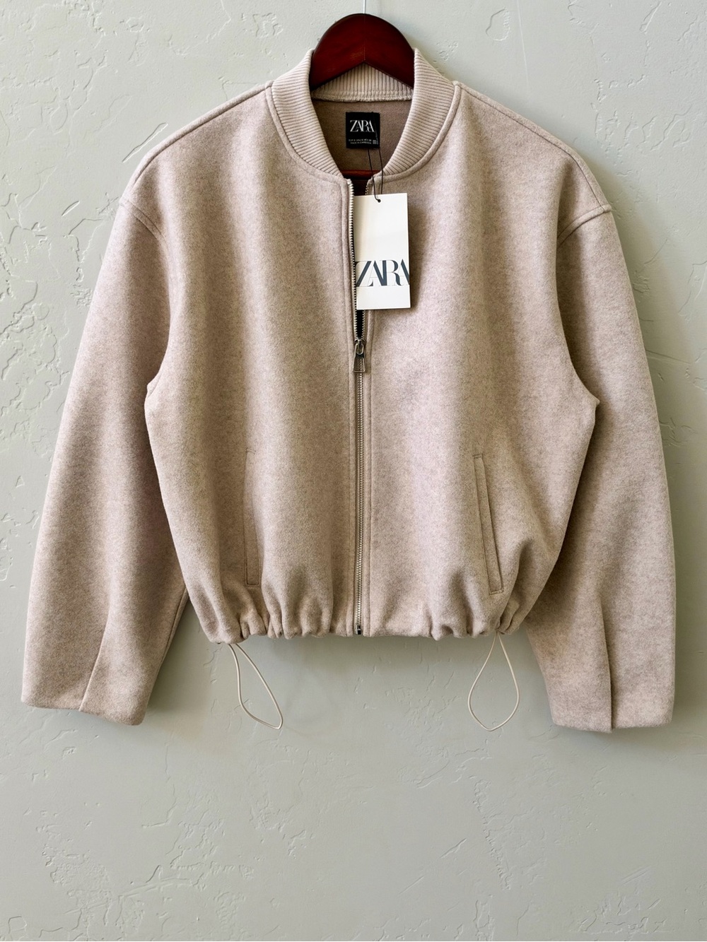 Zara Bomber Jacket Womens Size S Beige Oversized Adjustable Hem Quiet Luxury